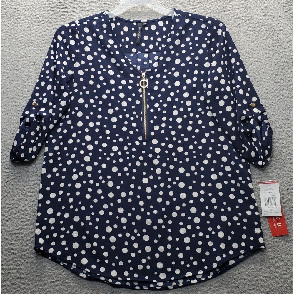 Cathy Hi Lo Crepe Blouse Women Petite S Multi Pebble Dot Print Stretch Zip Front